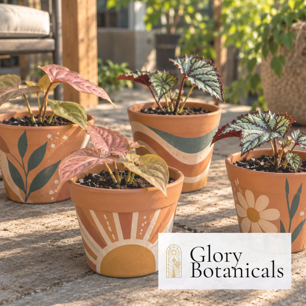 Paint and Plant class — hand-painted terracotta pots with plants from Glory Botanicals